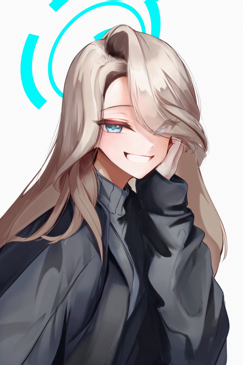 1girl, absurdres, aqua_eyes, aqua_halo, asuna_(blue_archive), asymmetrical_bangs, black_jacket, black_sweater