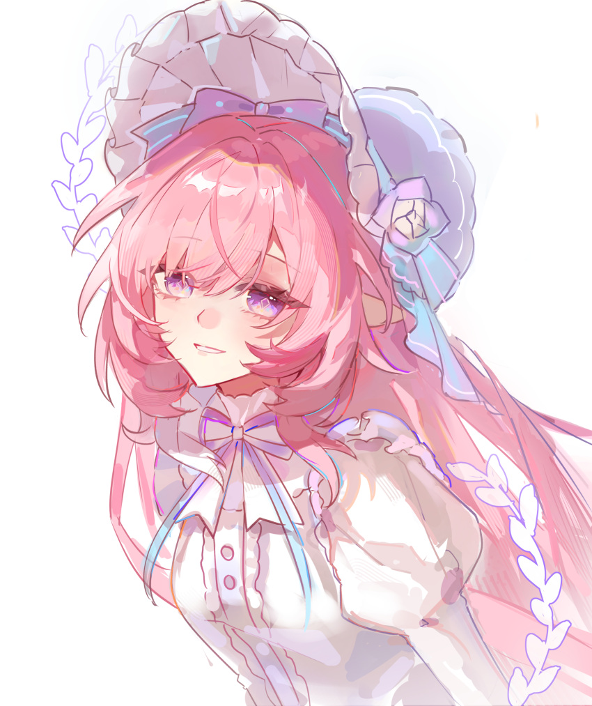 1girl, absurdres, alternate_costume, bonnet, breasts, center_frills, chinese_commentary, cyrene_(honkai:_star_rail), cyrene_(ripples_of_past_reverie)_(honkai:_star_rail), diamond-shaped_pupils, diamond_(shape), english_commentary, frills, heiyi_mataozi, highres, honkai:_star_rail, honkai_(series), juliet_sleeves, long_hair, long_sleeves, looking_at_viewer, medium_breasts, mixed-language_commentary, parted_lips, pink_hair, pointy_ears, puffy_sleeves, shirt, sidelocks, simple_background, smile, solo, symbol-shaped_pupils, upper_body, violet_eyes, white_background, white_bonnet, white_shirt
