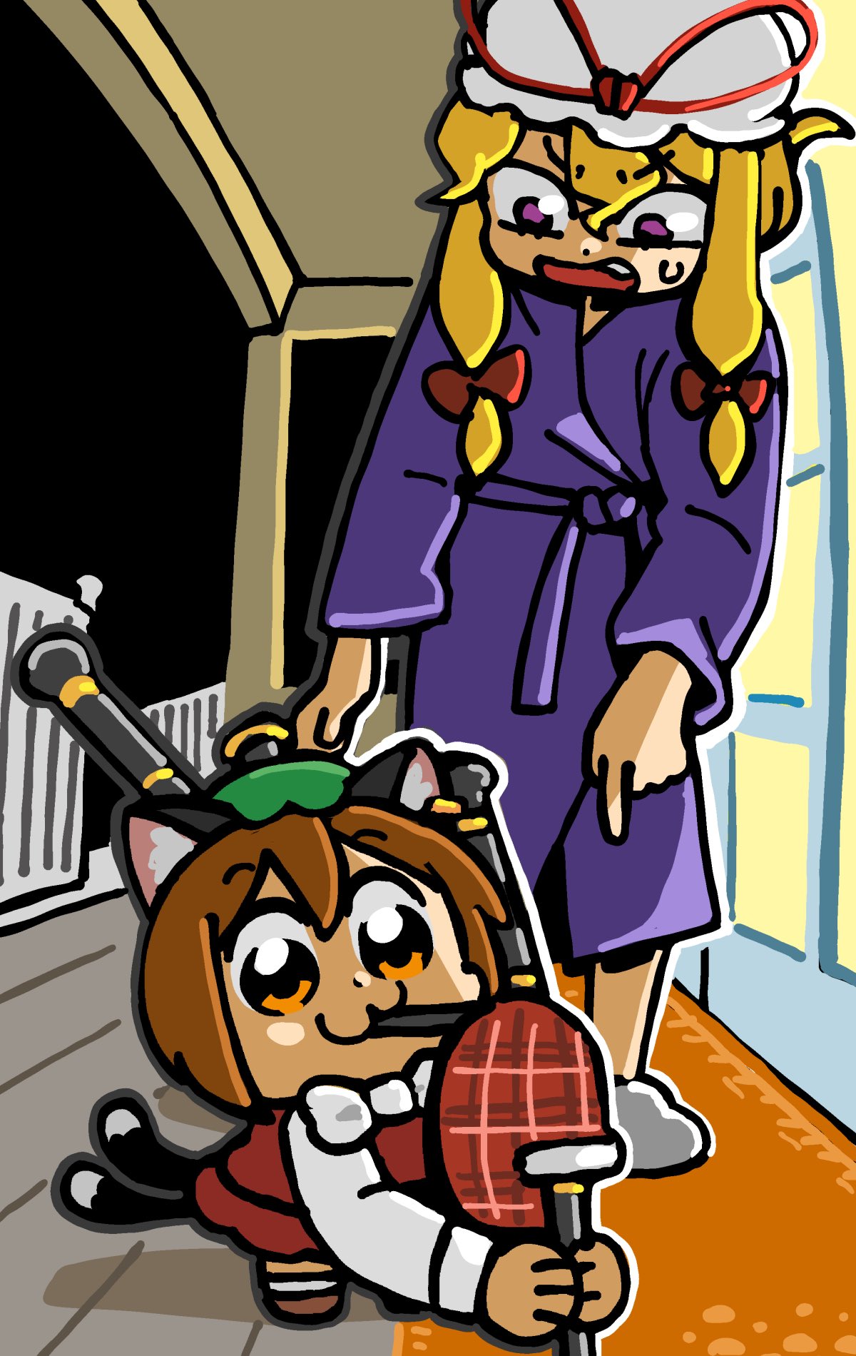 2girls, :3, animal_ear_fluff, animal_ears, bagpipes, bkub, blonde_hair, bow