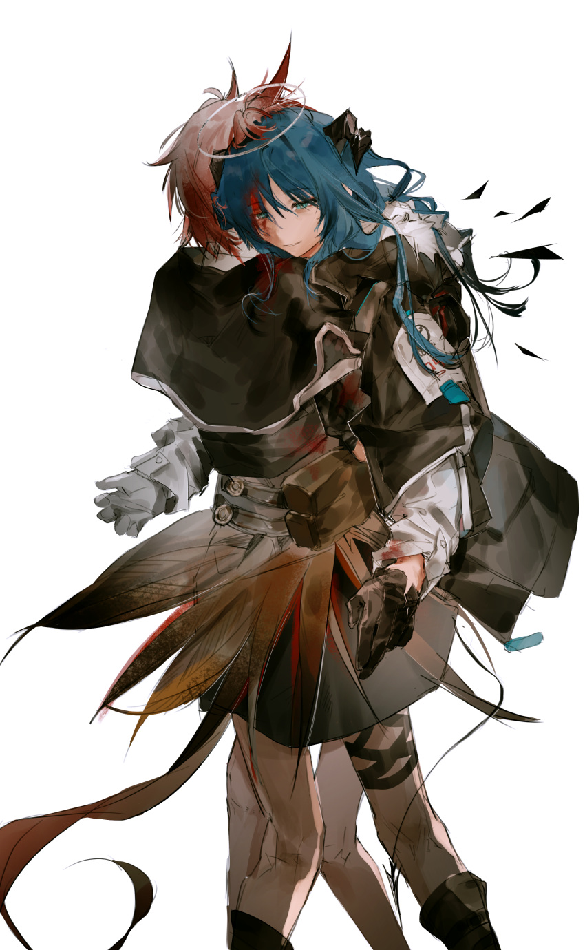 2girls, absurdres, arknights, black_gloves, black_skirt, blue_eyes, blue_hair, chinese_commentary