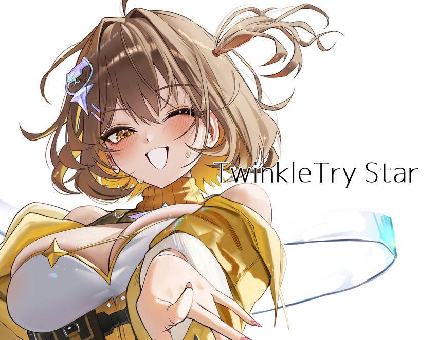1girl, anis_(nikke), breasts, english_text, goddess_of_victory:_nikke, hair_ornament, highres, jacket, looking_at_viewer, open_mouth, pointing, rossy_(yowayowachimpo), short_hair, smile, yellow_jacket