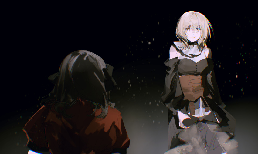 2girls, absurdres, bang_dream!, bang_dream!_it's_mygo!!!!!, black_background, black_hair, blonde_hair, brown_corset, clothing_cutout, commentary_request, corset, doloris_(bang_dream!), hair_between_eyes, highres, long_hair, long_sleeves, lu_bian_de_yecao_zai_changge, misumi_uika, multiple_girls, oblivionis_(bang_dream!), photo-referenced, red_shirt, sasaki_rico_(voice_actor), shirt, short_hair, short_sleeves, shoulder_cutout, takao_kanon, togawa_sakiko, voice_actor