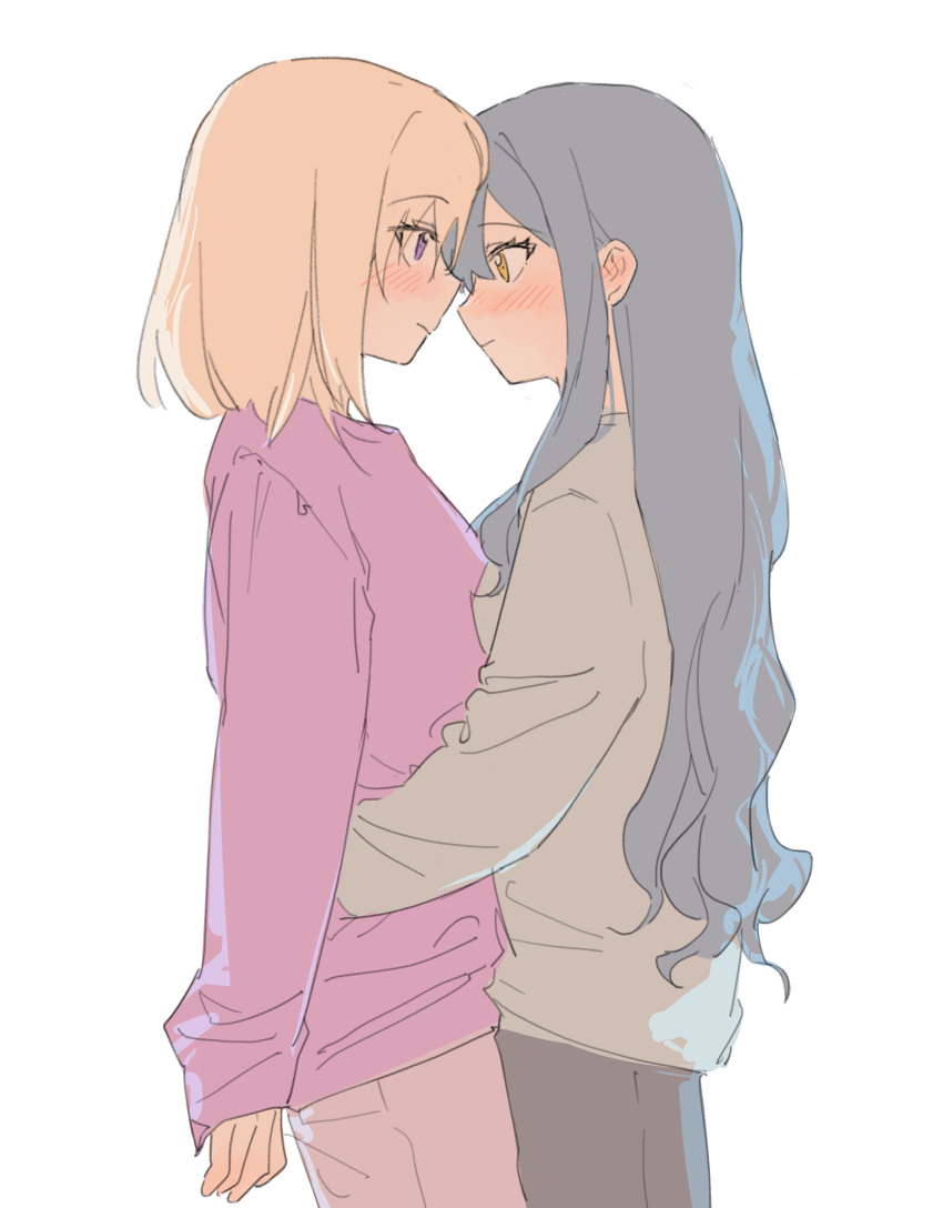 2girls, absurdres, bang_dream!, bang_dream!_it's_mygo!!!!!, blonde_hair, blue_hair, chinese_commentary, commentary_request, eye_contact, grey_shirt, highres, hug, long_hair, long_sleeves, looking_at_another, lu_bian_de_yecao_zai_changge, misumi_uika, multiple_girls, one_eye_closed, pajamas, shirt, short_hair, sidelocks, simple_background, togawa_sakiko, white_background, yuri