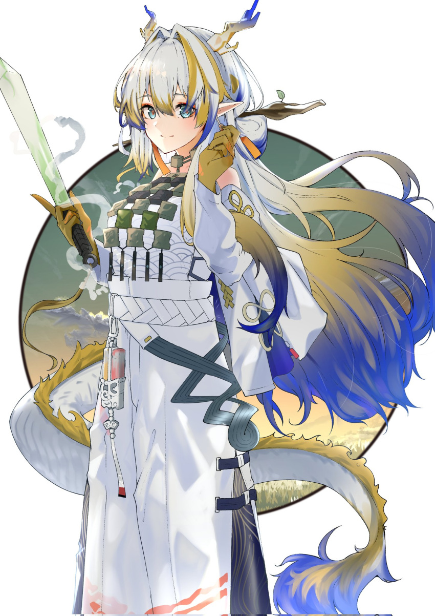 1girl, arknights, bare_shoulders, belt, blonde_hair, blue_eyes, blue_hair, closed_mouth