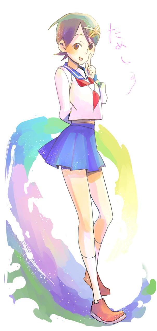 brown_eyes, fuura_kafuka, hair_ornament, hairclip, highres, legs, raikou_(artist), raikou_(symposion)