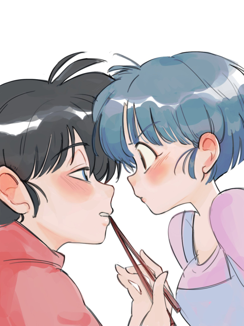1boy, 1girl, angry, black_hair, blue_dress, blue_eyes, blue_hair, blush