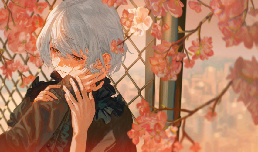 1girl, 1other, absurdres, blurry, blurry_background, chain-link_fence, cherry_blossoms, cityscape