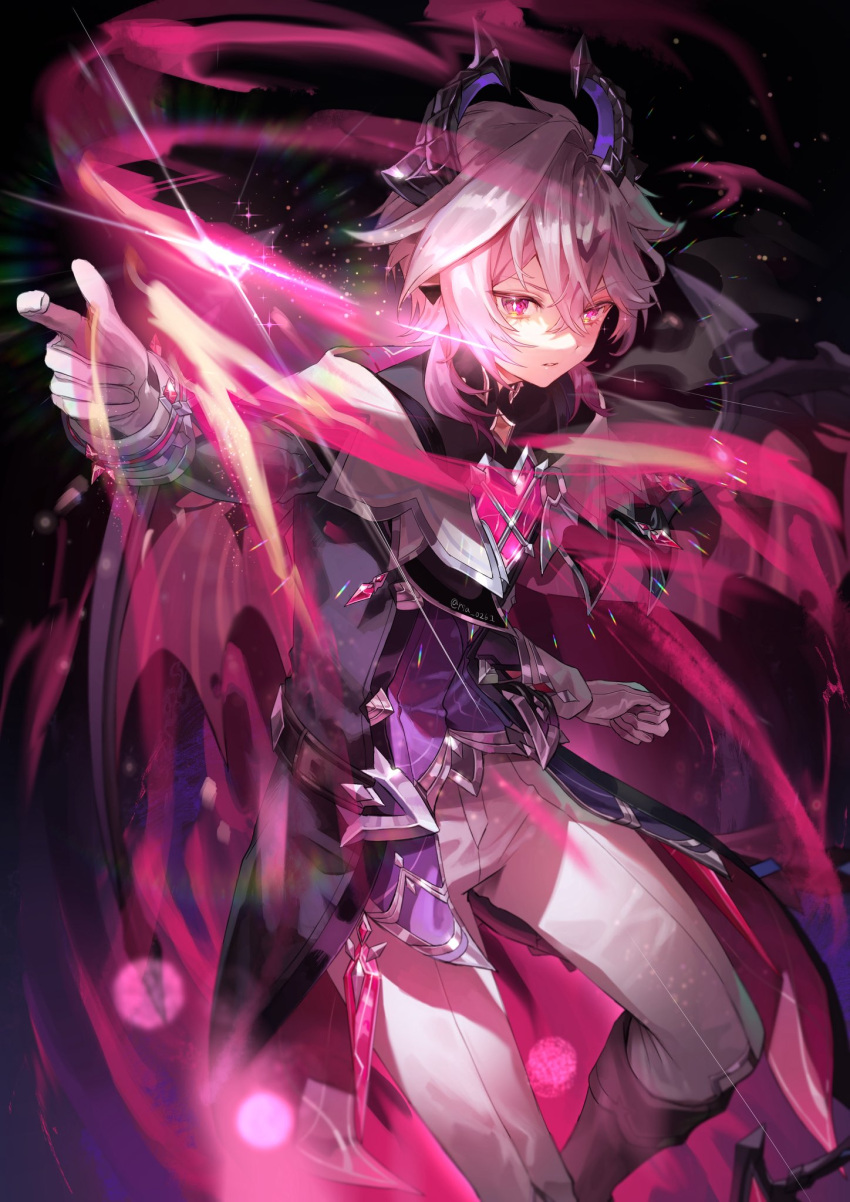 1boy, arm_up, boots, dragon, dragon_boy, dragon_horns, dragon_tail, dragon_wings