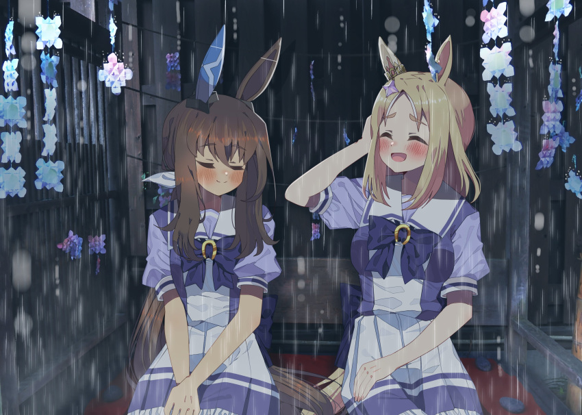 2girls, ^_^, admire_vega_(umamusume), amane_hikari, animal_ears, blonde_hair, blush, bow