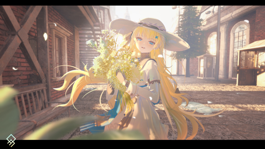 1girl, absurdres, artist_logo, black_gloves, blonde_hair, blue_eyes, blurry, blurry_foreground