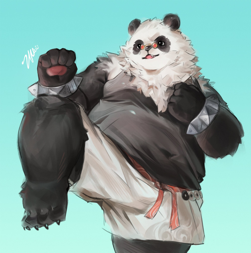 1boy, belly, black_fur, black_tank_top, bracelet, chinese_commentary, claws, clenched_hands