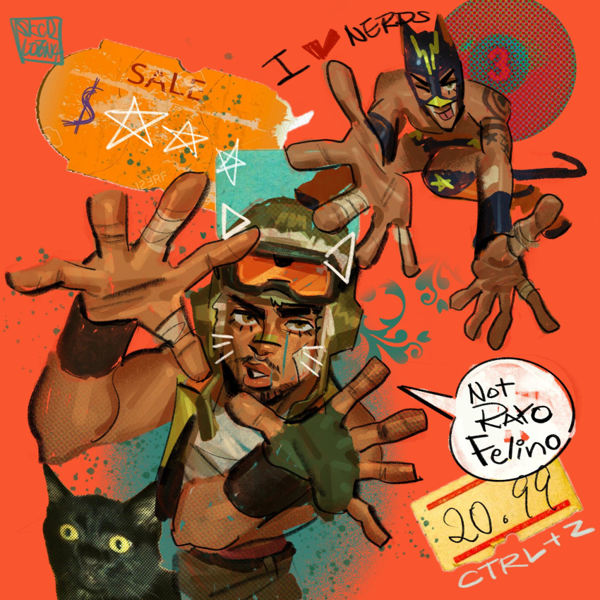 >_o, 1boy, :p, animal_ears, arm_tattoo, artist_logo, ball, bandaged_fingers