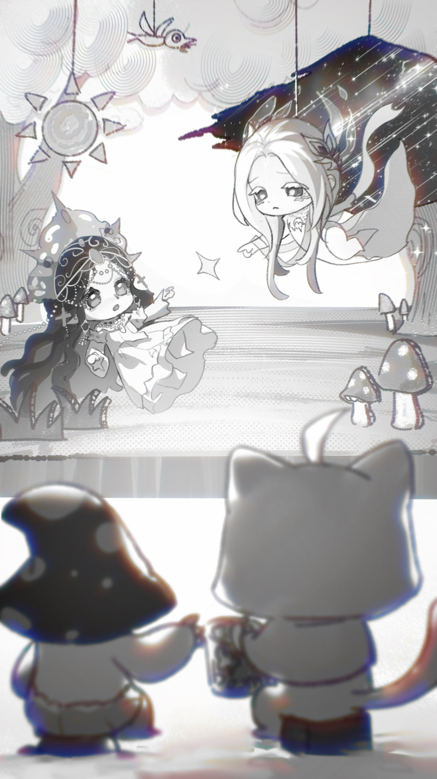 2girls, absurdly_long_hair, absurdres, ahoge, animal, bare_legs, barefoot, beads