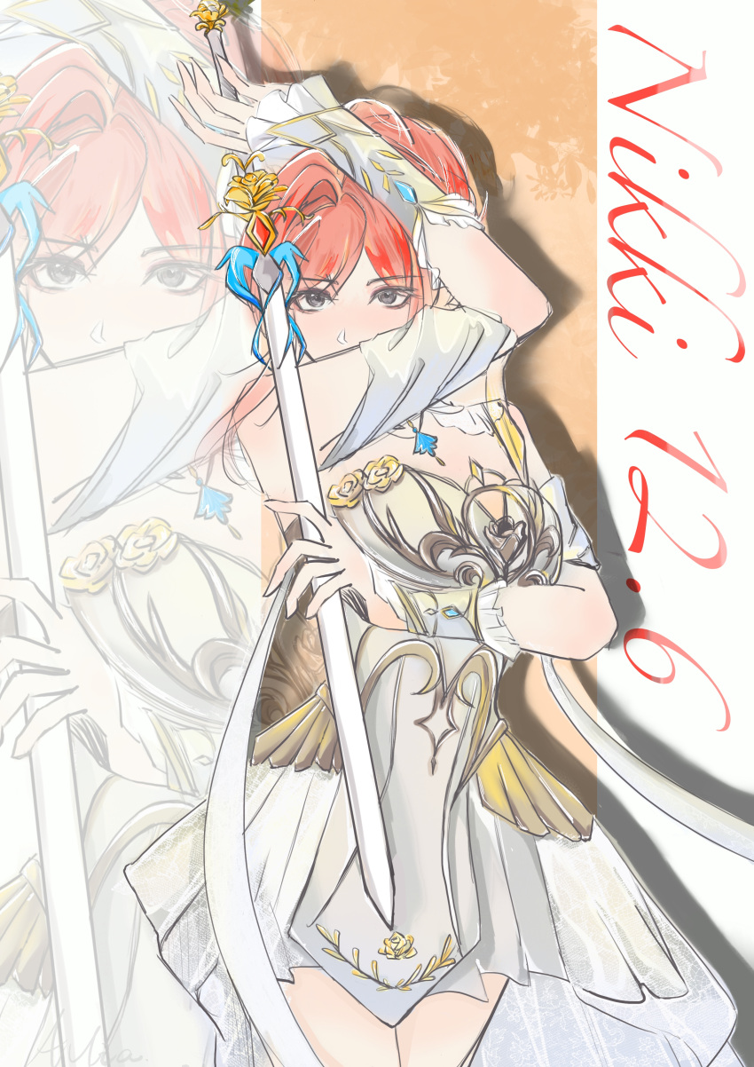 1girl, absurdres, armor, asymmetrical_dress, blue_gemstone, bracer, breastplate, brown_background