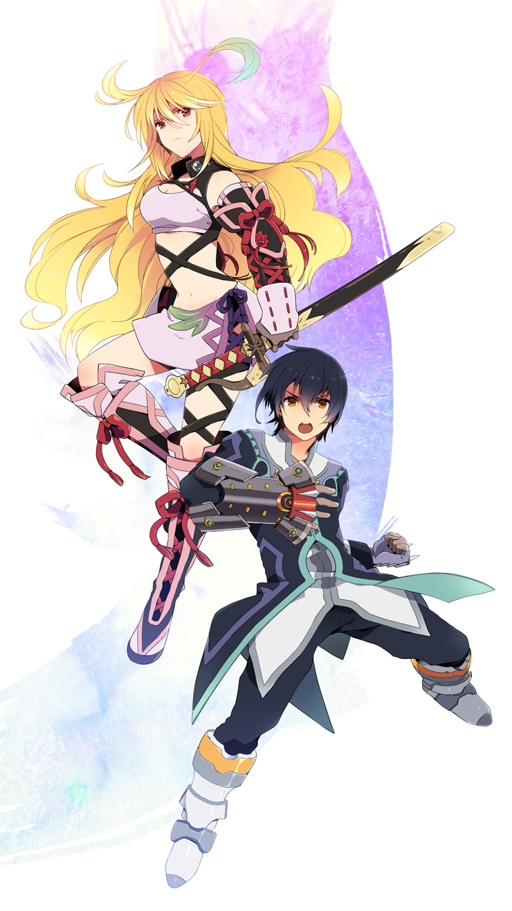 1girl, black_hair, blonde_hair, blue_background, boots, eterno, gloves, gradient