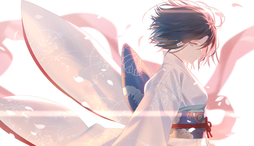 1girl, ahoge, breasts, brown_hair, grey_eyes, highres, japanese_clothes, kara_no_kyoukai, kimono, long_sleeves, looking_at_viewer, mashima_saki_(mashimasa), medium_breasts, obi, parted_bangs, ryougi_shiki, sash, short_hair, void_shiki, wide_sleeves