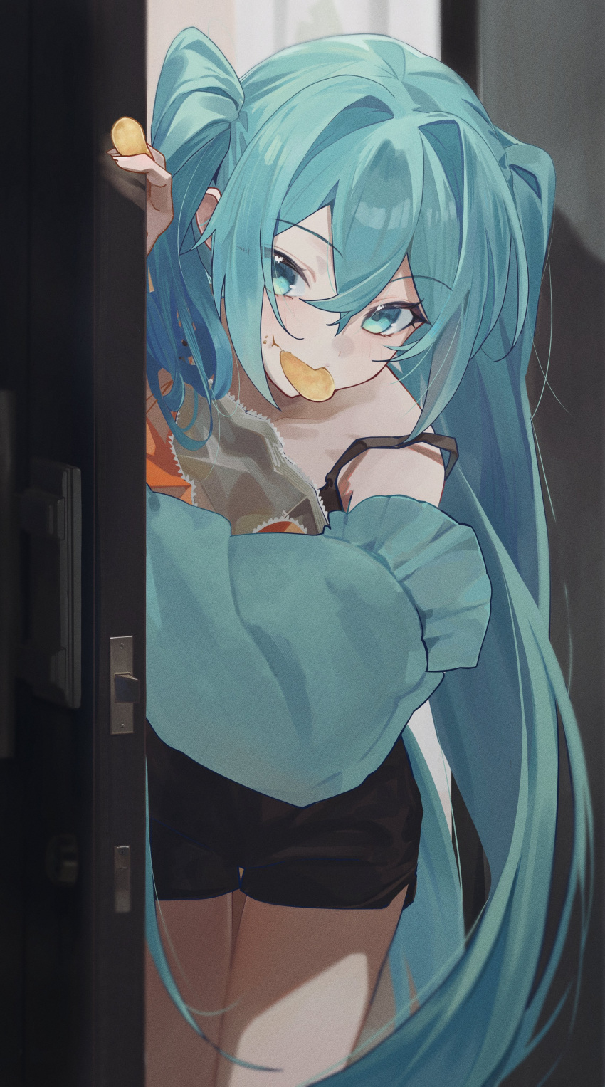 1girl, absurdres, aqua_eyes, aqua_hair, bag_of_chips, black_camisole, black_shorts, blue_hair, camisole, chips_(food), door, doorway, eating, food, food_in_mouth, hand_on_door, hatsune_miku, highres, holding, inubangarou, long_hair, looking_at_viewer, open_door, opening_door, potato_chips, shorts, solo, twintails, very_long_hair, vocaloid