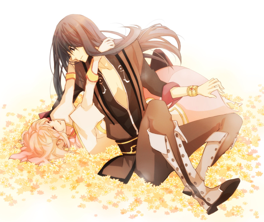 1girl, black_eyes, black_hair, boots, bracelet, closed_eyes, couple, estellise_sidos_heurassein