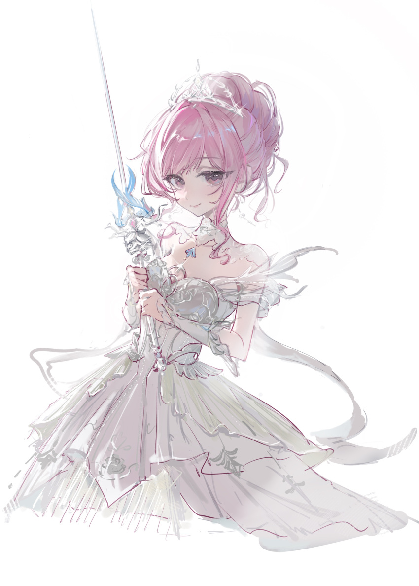 1girl, absurdres, armor, bare_shoulders, blue_gemstone, breastplate, brown_eyes, chest_jewel