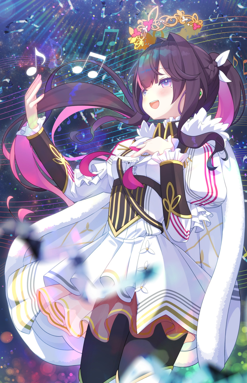 1girl, absurdres, azki_(hololive), azki_(prima_diva)_(hololive), black_pantyhose, blurry, blurry_foreground, blush