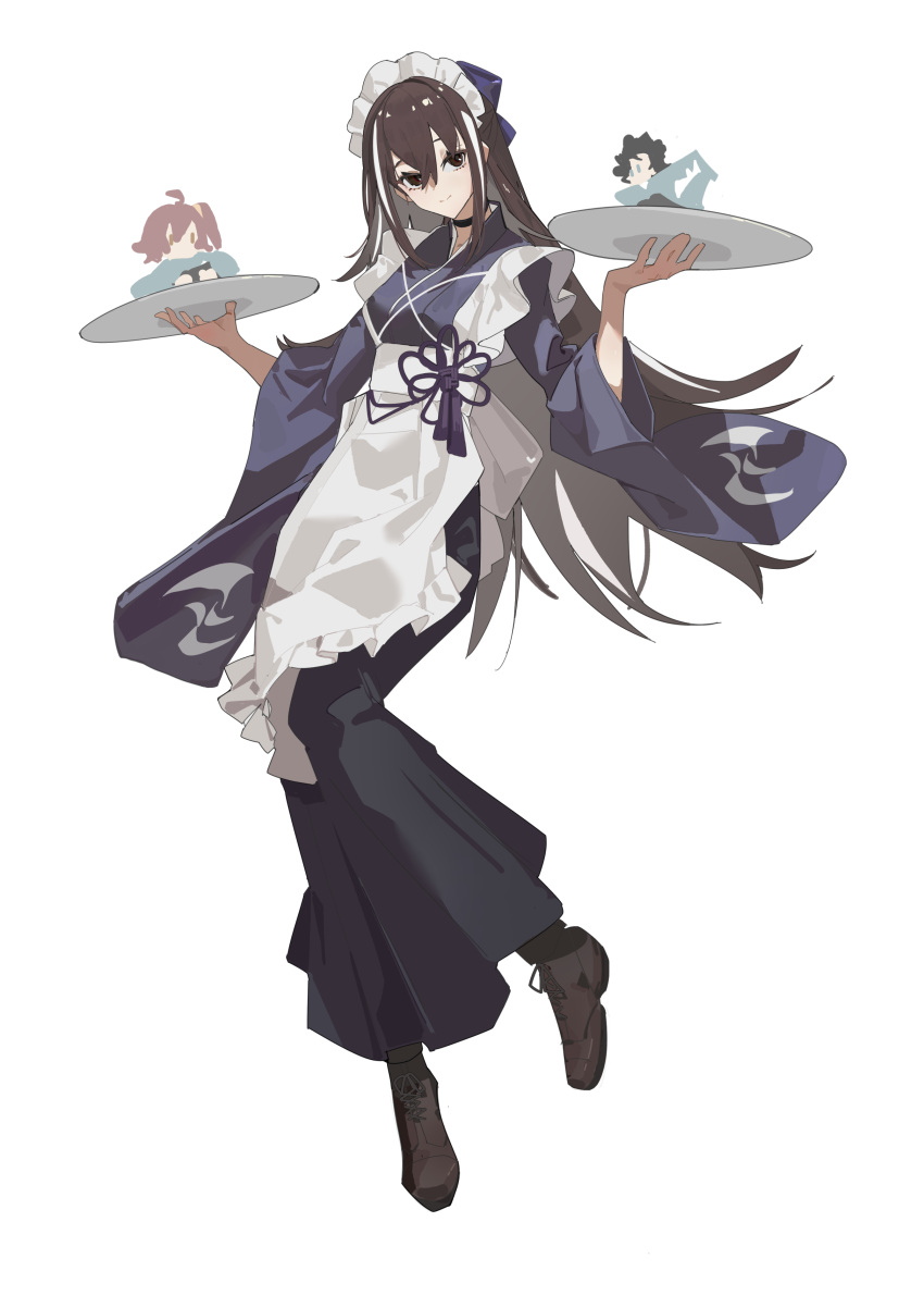 1girl, absurdres, apron, black_hair, black_skirt, blue_kimono, bow, breasts