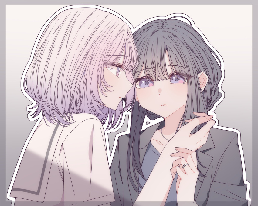 2girls, black_hair, black_jacket, black_shirt, blush, border, commentary, earrings