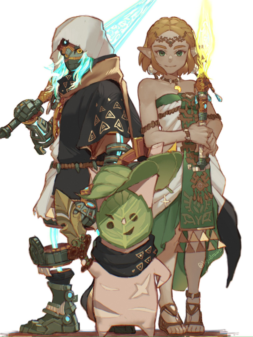 1girl, armlet, bags_under_eyes, blonde_hair, bracelet, braid, brown_sandals, calamo_(zelda), closed_mouth, commentary, crown_braid, dress, earrings, green_eyes, green_scarf, highres, holding, holding_sword, holding_weapon, hyrule_warriors:_age_of_imprisonment, ivy_(sena0119), jewelry, korok, leaf, magatama, magatama_necklace, mysterious_construct, necklace, over_shoulder, pointy_ears, princess_zelda, sandals, scarf, secret_stone, short_hair, simple_background, standing, strapless, strapless_dress, sword, symbol-only_commentary, the_legend_of_zelda, the_legend_of_zelda:_tears_of_the_kingdom, weapon, weapon_over_shoulder, white_background, white_dress