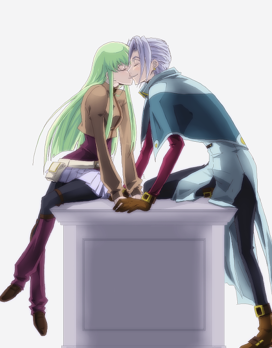 1girl, blush, boots, c.c., capelet, closed_eyes, code_geass, couple