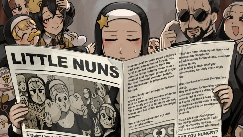 1boy, 6+girls, :d, baby_animal, beard, bird, black_hair, blonde_hair