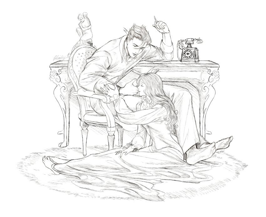 1boy, 1girl, absurdres, alexander_(veil), book, cigarette, closed_eyes, commentary