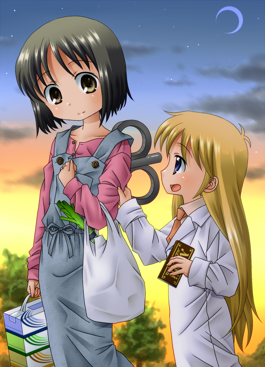black_eyes, black_hair, blonde_hair, blue_eyes, blush, bow, candy_bar, child