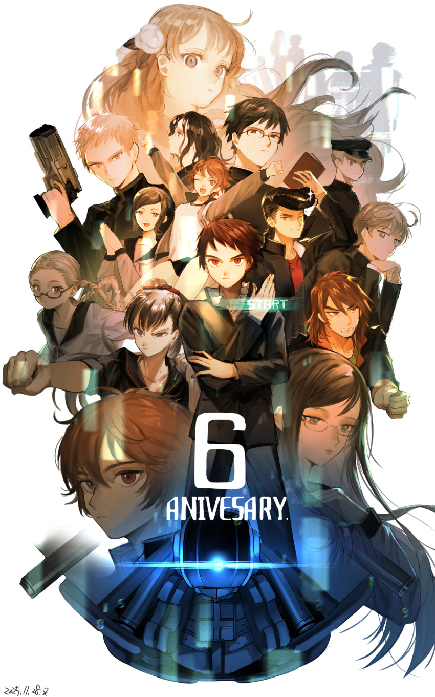 6+boys, 6+girls, absurdres, amiguchi_shuu, anniversary, black_hair, blonde_hair, braid, brown_hair, dated, everyone, expressionless, flower, fuyusaka_iori, gakuran, glasses, gouto_renya, grey_hair, gun, hair_flower, hair_ornament, highres, hijiyama_takatoshi, holding, holding_gun, holding_weapon, juusan_kihei_bouei_ken, kisaragi_tomi, kurabe_juurou, kurabe_tamao, long_hair, looking_at_viewer, looking_down, minami_natsuno, miura_keitarou, multiple_boys, multiple_girls, ogata_nenji, okino_tsukasa, pompadour, school_uniform, sekigahara_ei, serafuku, shinonome_ryouko_(juusan_kihei_bouei_ken), short_hair, simple_background, takamiya_yuki, twin_braids, very_short_hair, weapon, white_background, yakushiji_megumi, zotx7u