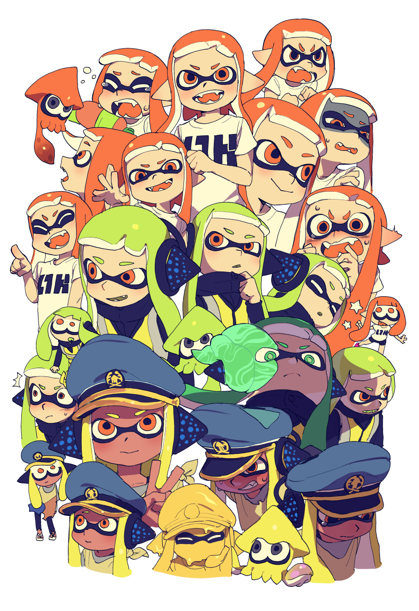 3girls, ^^^, absurdres, agent_3_(splatoon), behind-the-head_headphones, black_jacket, blonde_hair, blue_hat