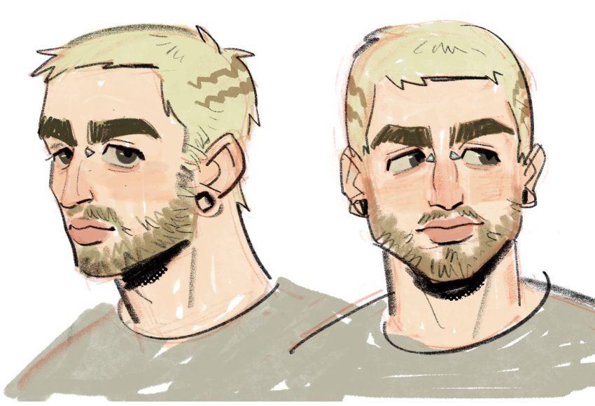 1boy, beard, blonde_hair, bridge_piercing, brown_eyes, buzz_cut, closed_mouth, colin_jones_(skcd_loen), commentary, cropped_shoulders, english_commentary, face_piercing, facial_hair, grey_shirt, looking_at_viewer, looking_to_the_side, multiple_views, original, piercing, plug_(piercing), shirt, short_hair, sideburns_stubble, simple_background, skcd_loen, sketch, stubble, thick_eyebrows, very_short_hair, white_background