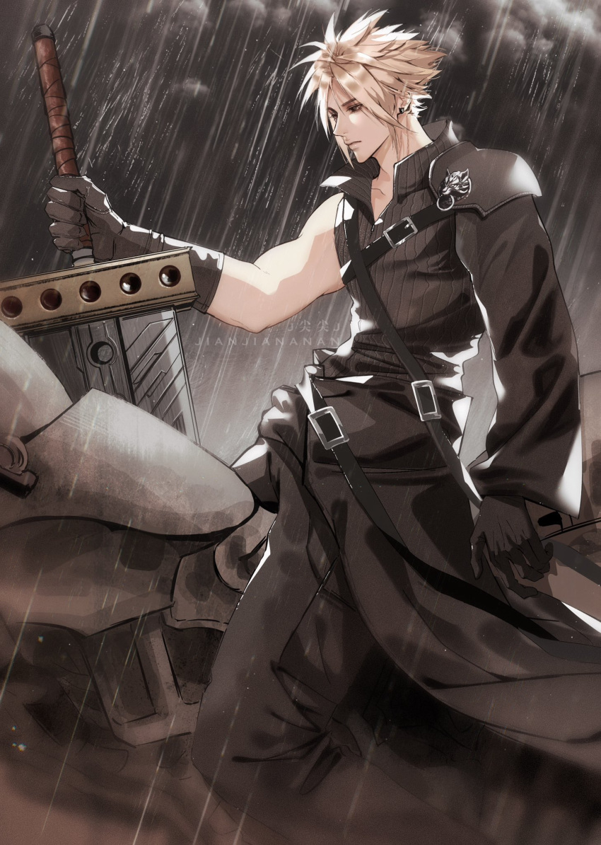 1boy, armor, black_cape, black_gloves, black_pants, black_sleeves, black_vest, blonde_hair