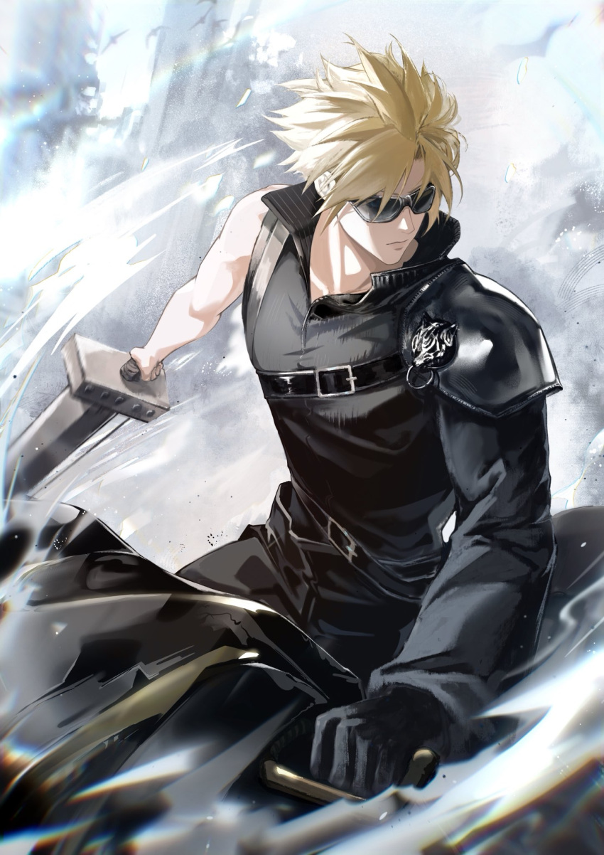 1boy, armor, black_cape, black_gloves, black_pants, black_sleeves, black_vest, blonde_hair, cape, chest_strap, closed_mouth, cloud_strife, fenrir_(final_fantasy), final_fantasy, final_fantasy_vii, final_fantasy_vii:_advent_children, first_ken, fusion_swords, gloves, goggles, highres, holding, holding_sword, holding_weapon, jianjiananan, male_focus, motor_vehicle, motorcycle, on_motorcycle, pants, parted_bangs, pauldrons, popped_collar, short_hair, shoulder_armor, single_bare_shoulder, single_glove, single_pauldron, single_sleeve, solo, spiky_hair, sword, upper_body, vest, waist_cape, weapon