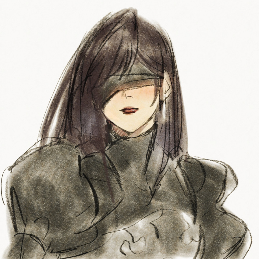 1girl, 2b_(nier:automata), 2b_(nier:automata)_(cosplay), black_dress, black_hair, black_visor, blindfold, breasts