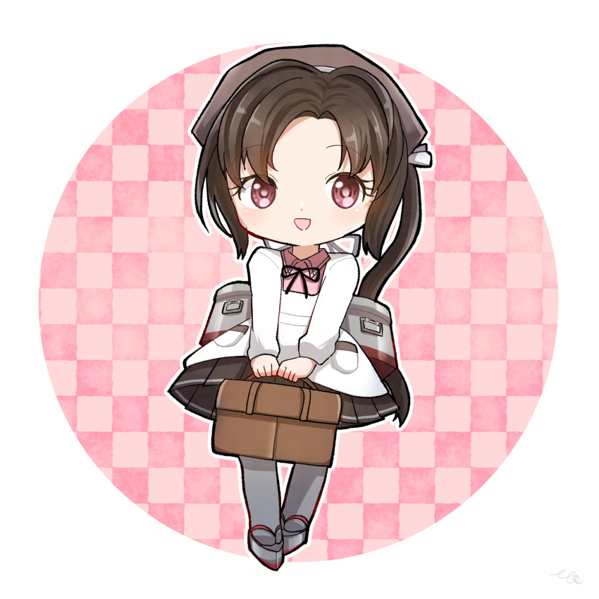 1girl, apron, black_hair, black_skirt, checkered_background, full_body, highres, kantai_collection, kappougi, long_hair, lunchbox, machinery, mnanao0729, nankai_(kancolle), nosaki_(kancolle), pink_background, pleated_skirt, ponytail, red_eyes, skirt, smile, solo