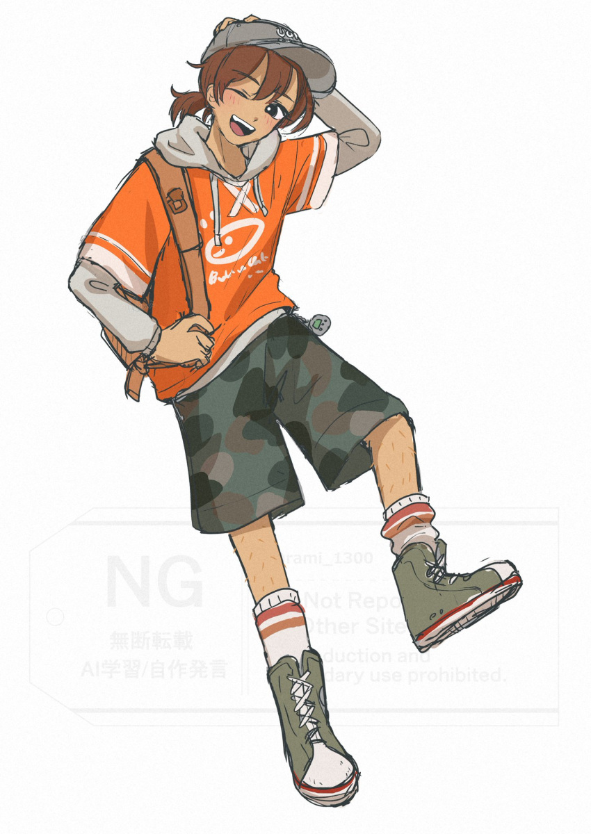 1boy, arm_up, baseball_cap, black_eyes, bright_pupils, brown_hair, camouflage, camouflage_shorts