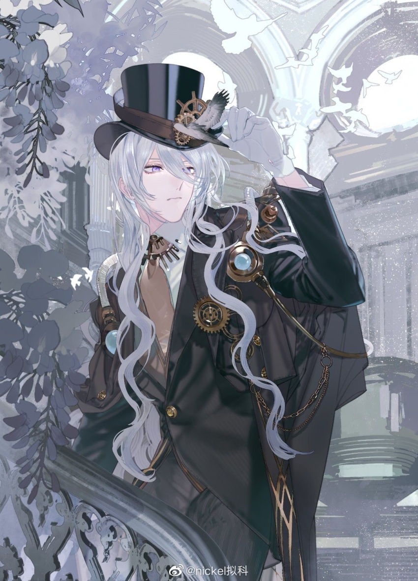 1boy, arch, bird_hat_ornament, black_cape, black_jacket, black_pants, brown_necktie, cael_anselm, cael_anselm_(mist_city), cape, chain, closed_mouth, collared_shirt, cowboy_shot, expressionless, flower, gear_hat_ornament, gears, gloves, hair_between_eyes, hand_on_headwear, hat, hat_ornament, highres, industrial_pipe, jacket, lapels, long_bangs, long_hair, long_hair_between_eyes, long_sleeves, looking_at_viewer, lovebrush_chronicles, male_focus, necktie, nickel_nike, non-web_source, notched_lapels, pants, purple_flower, railing, shirt, solo, standing, steampunk, suit_jacket, top_hat, very_long_hair, violet_eyes, watermark, wavy_hair, weibo_watermark, white_gloves, white_hair, white_shirt, wisteria