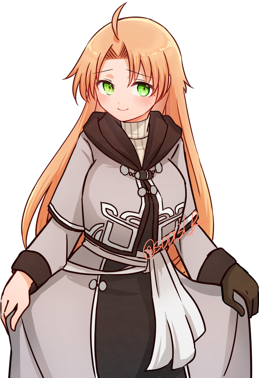 1girl, absurdres, ahoge, artist_name, black_dress, blonde_hair, blush, breasts