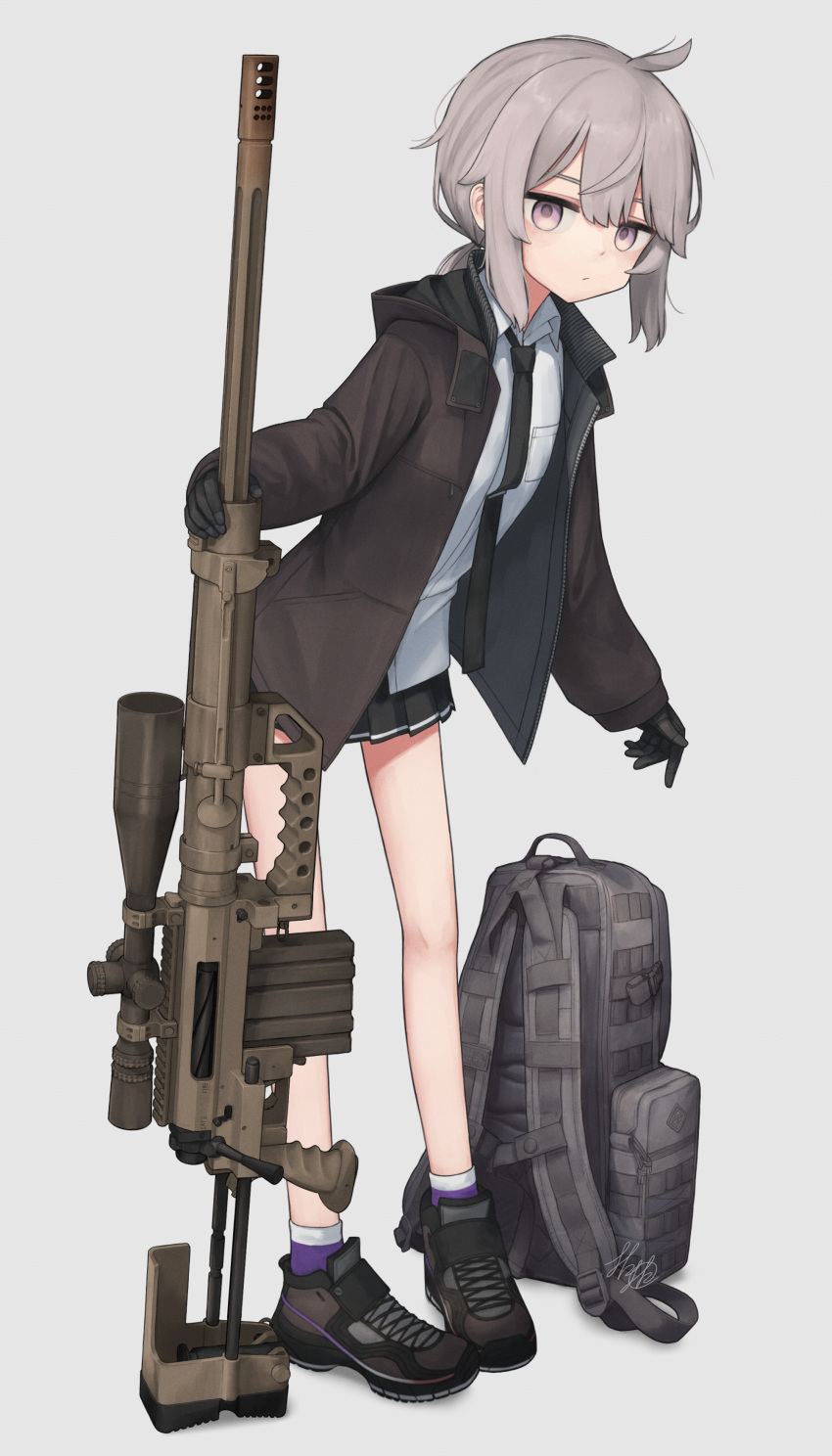 1girl, absurdres, backpack, bag, black_gloves, black_necktie, black_skirt, bolt_action