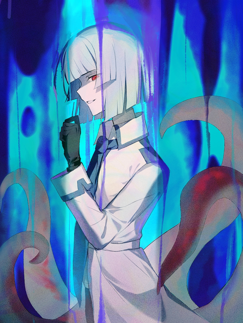 1boy, anchor_symbol, aqua_background, belt, black_gloves, blue_necktie, blue_trim, camille407