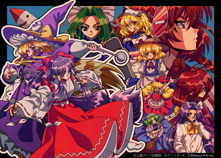 1980s_(style), 6+girls, absurdres, anchor_print, anchor_symbol, apron, asakura_rikako, blonde_hair