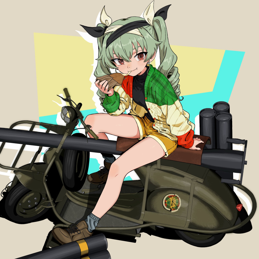 1girl, anchovy_(girls_und_panzer), boagnnnnnnn, boots, breasts, brown_eyes, cardigan, commission