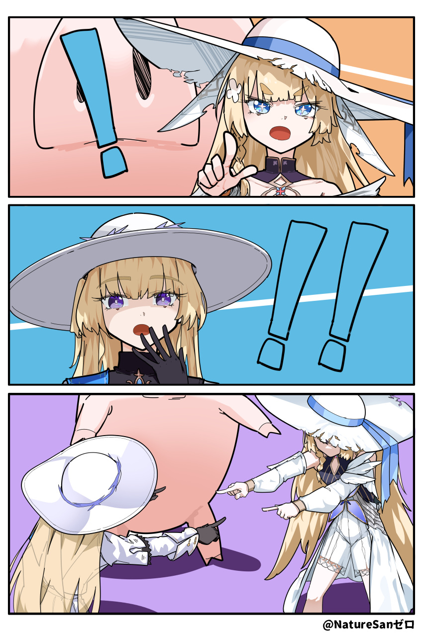 !, !!, +_+, 2girls, absurdres, black_gloves, blonde_hair, blue_eyes