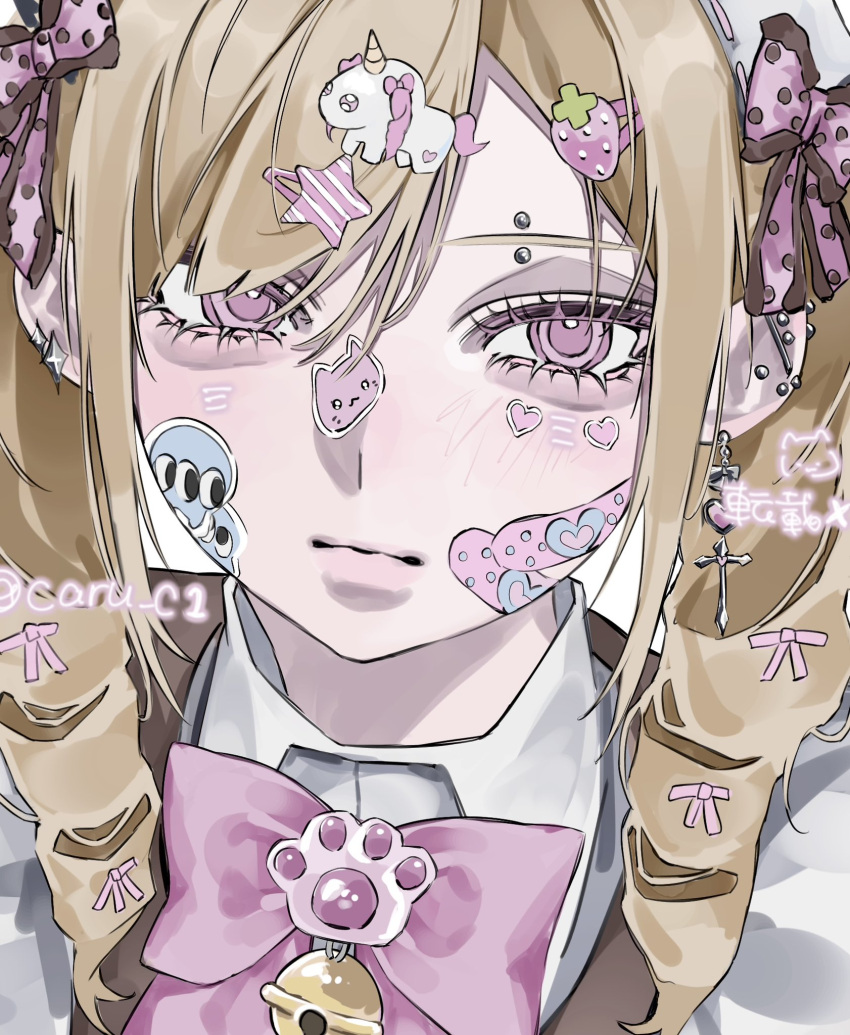 1girl, aegyo_sal, artist_name, bandaid, bandaid_on_cheek, bandaid_on_face, bell, blonde_hair