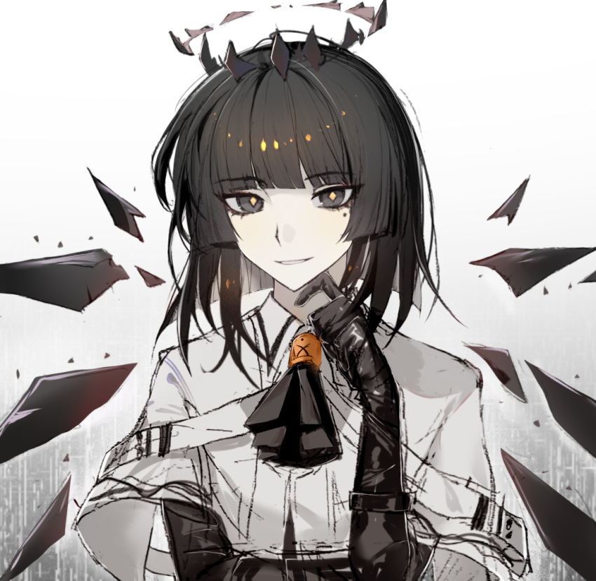 1girl, arknights, ascot, black_ascot, black_eyes, black_gloves, black_hair, black_halo, black_wings, bright_pupils, camille407, chinese_commentary, commentary_request, elbow_gloves, eyes_visible_through_hair, gloves, halo, hand_on_own_chin, looking_at_viewer, medium_hair, mole, mole_under_eye, shirt, short_sleeves, smile, solo, tsurime, upper_body, virtuosa_(arknights), white_background, white_shirt, wings, yellow_pupils