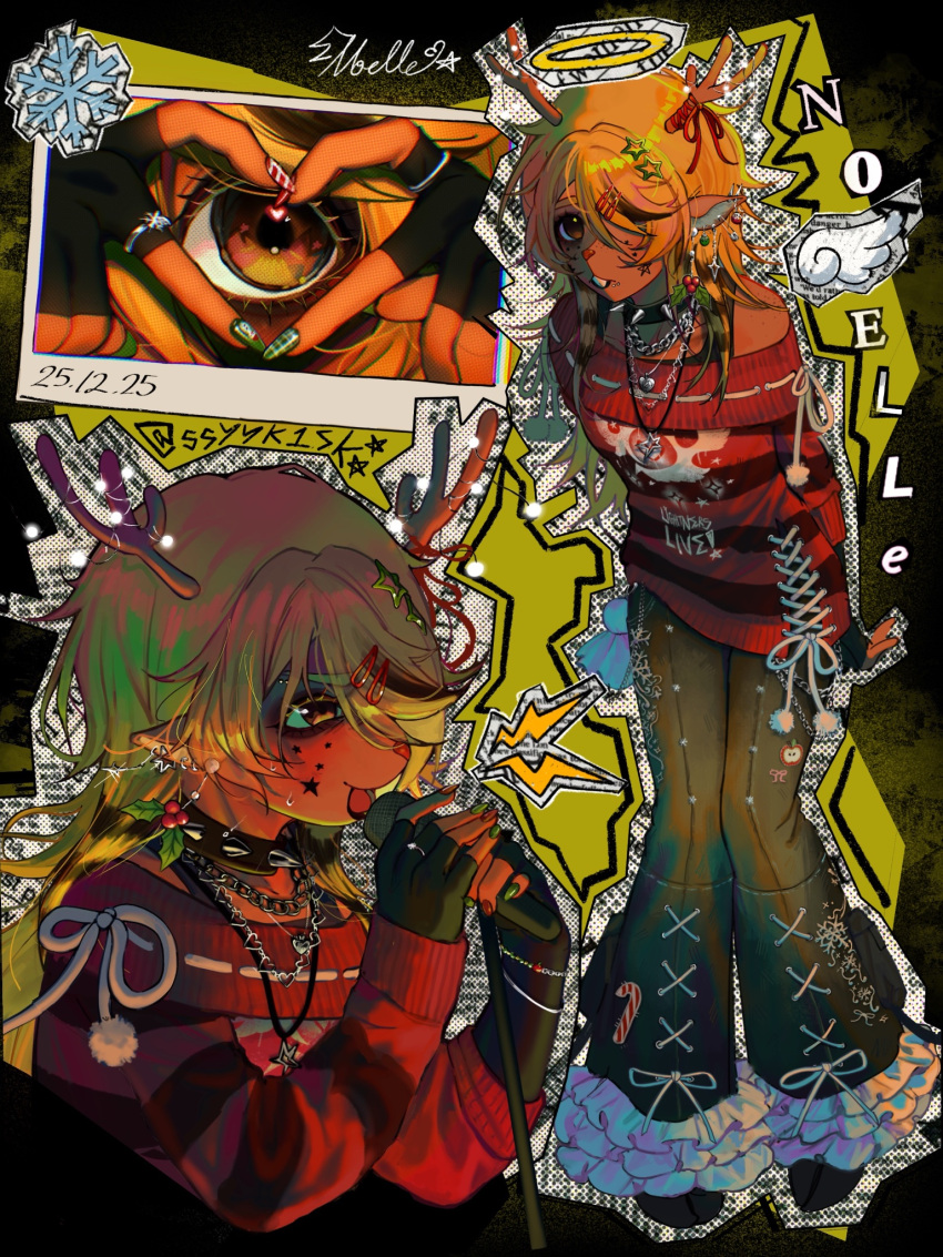1girl, alternate_costume, animal_ears, animal_nose, antler_ribbon, antlers, bell-bottoms, black_bra, black_choker, black_eyeshadow, black_gloves, black_pants, blonde_hair, body_freckles, bra, brown_eyes, buck_teeth, chain, chain_necklace, character_name, choker, commentary, deer_antlers, deer_ears, deer_girl, deltarune, english_commentary, eyeshadow, fingerless_gloves, four-finger_heart_hands, freckles, gloves, green_nails, hair_between_eyes, hair_ornament, hair_over_one_eye, hairclip, halftone, halo, heart, heart_hands, heart_hands_over_eye, heart_necklace, highres, horns, jewelry, long_hair, long_sleeves, makeup, microphone, microphone_stand, mistletoe, multicolored_nails, multiple_views, nail_polish, necklace, noelle_holiday, off-shoulder_sweater, off_shoulder, one_eye_covered, pants, photo_(object), raccoon_tails_(hairstyle), red_nails, red_ribbon, red_sweater, ribbon, ring, scene_fashion, shoulder_freckles, snowflakes, spiked_choker, spikes, ssyyk1sk, star_(symbol), star_hair_ornament, striped_clothes, striped_sweater, sweater, teeth, timestamp, traditional_halo, twitter_username, underwear, utdr_(toby_fox), yellow_halo