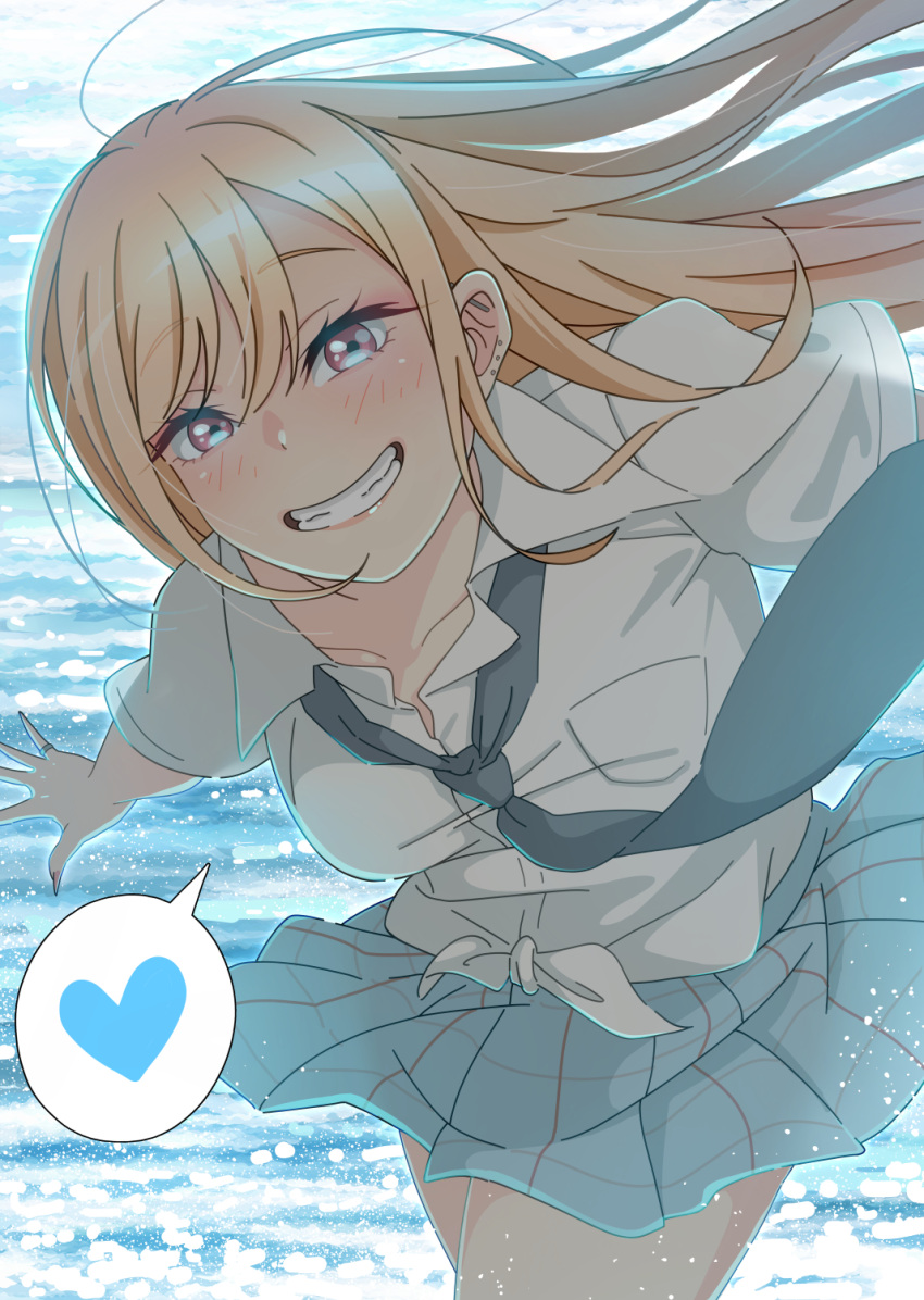 1girl, arm_at_side, barbell_piercing, blonde_hair, blue_necktie, blue_skirt, blush, chool_uniform